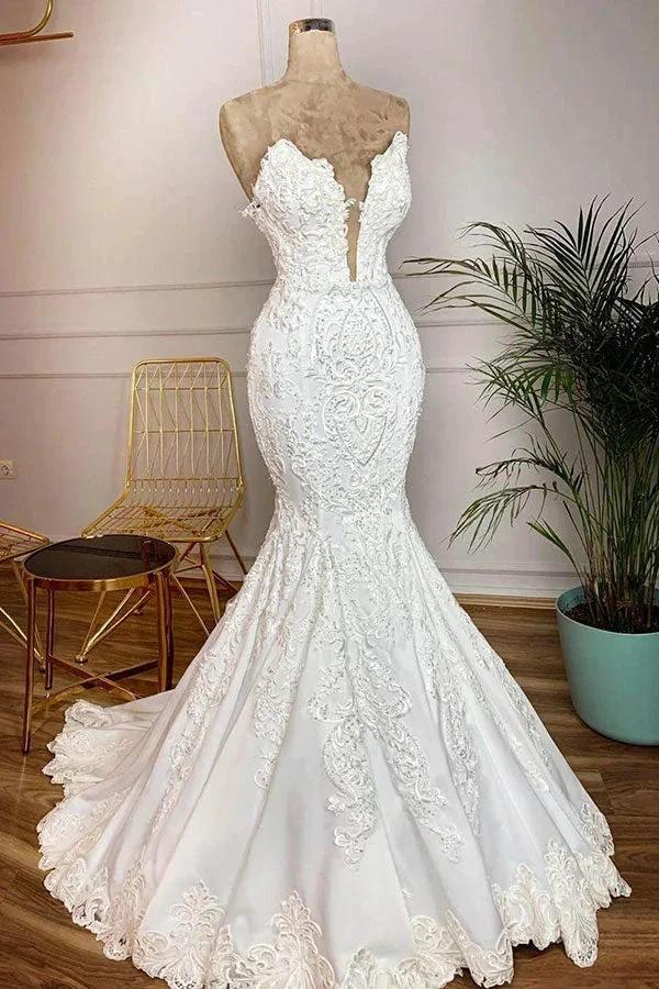 Long Mermaid Strapless Appliques Lace Satin Wedding Dress by BIZTUNNEL
