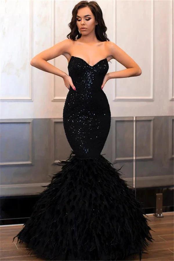 Long Mermaid Strapless Black Sequined Prom Dress by BIZTUNNEL