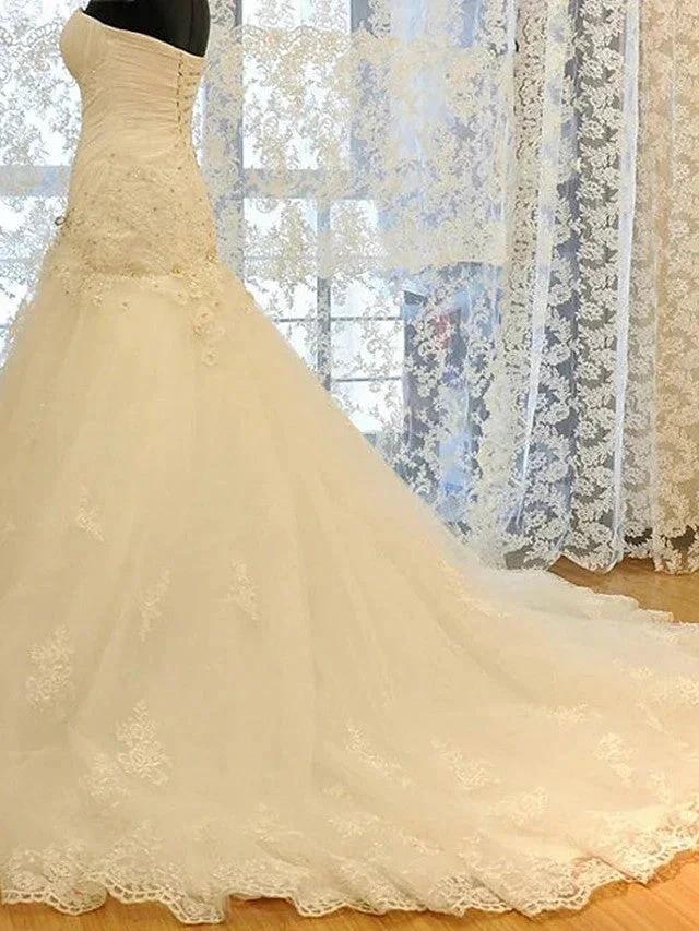 Long Mermaid Strapless Court Train Lace Organza Wedding Dresses by BIZTUNNEL