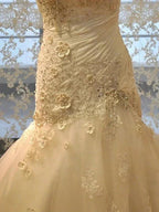 Long Mermaid Strapless Court Train Lace Organza Wedding Dresses by BIZTUNNEL