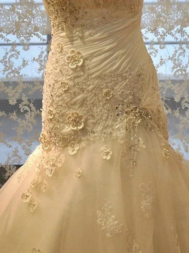 Long Mermaid Strapless Court Train Lace Organza Wedding Dresses by BIZTUNNEL