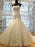 Long Mermaid Strapless Court Train Lace Organza Wedding Dresses by BIZTUNNEL
