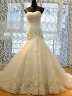 Long Mermaid Strapless Court Train Lace Organza Wedding Dresses by BIZTUNNEL
