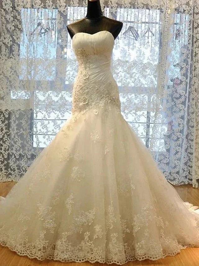 Long Mermaid Strapless Court Train Lace Organza Wedding Dresses by BIZTUNNEL