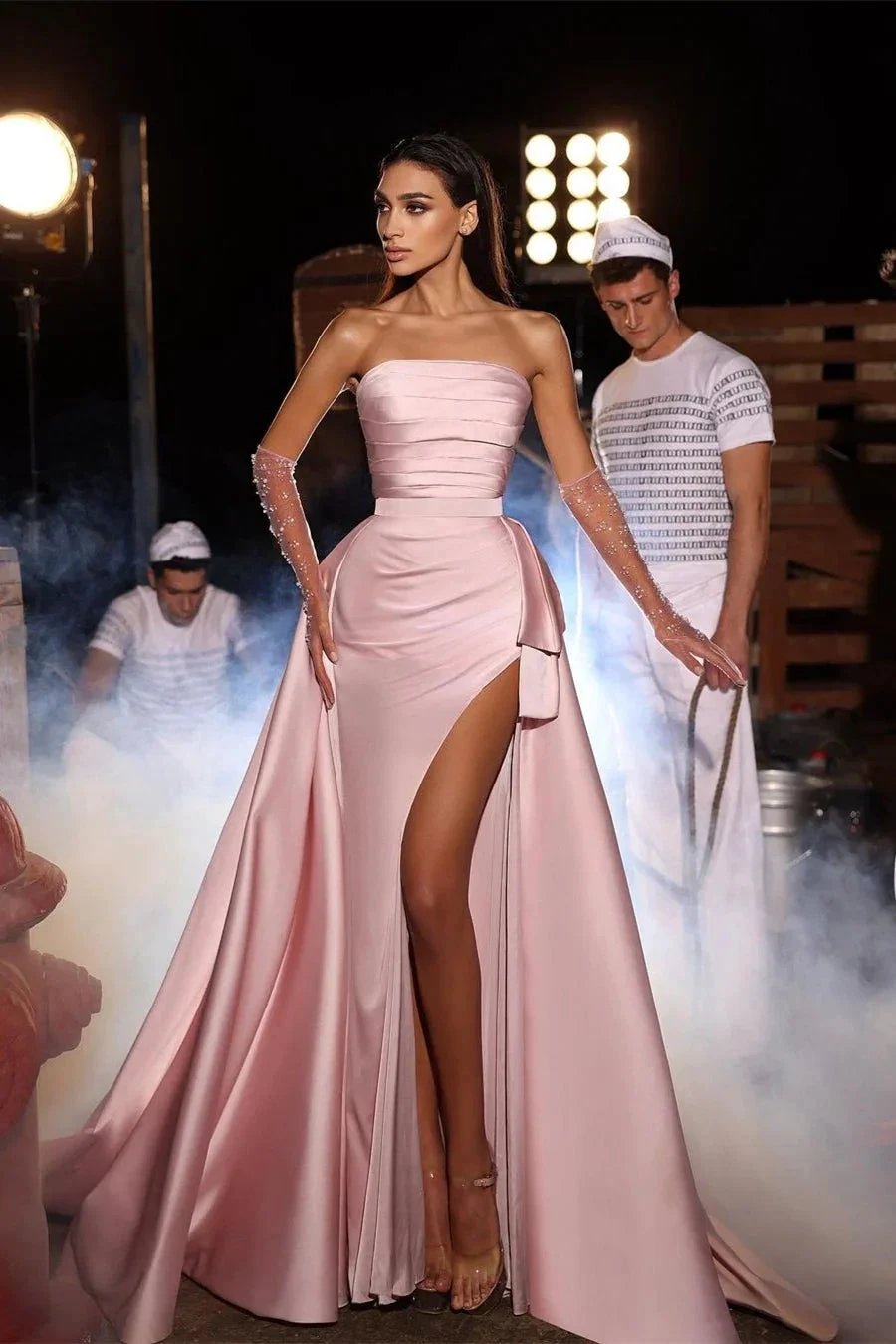 Long Mermaid Strapless Sleeveless Satin Formal Prom Dresses With Slit by BIZTUNNEL