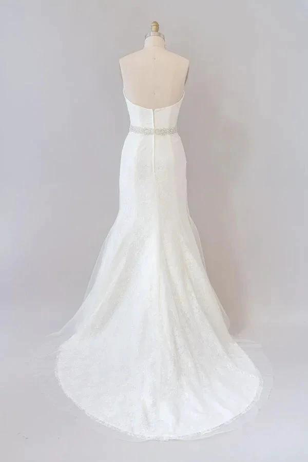 Long Mermaid Strapless Tulle Lace Wedding Dress by BIZTUNNEL
