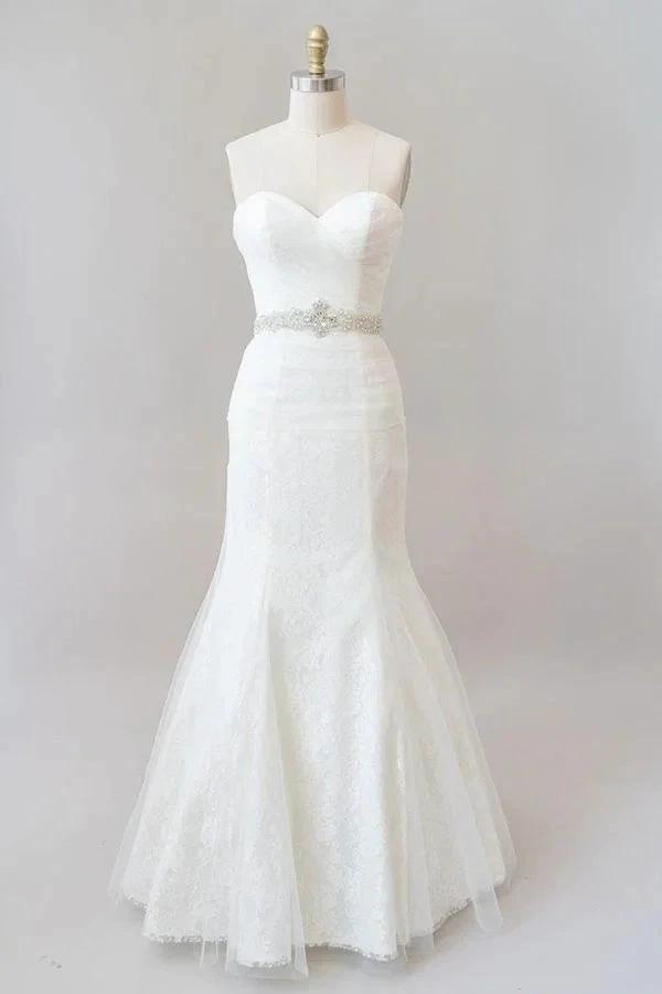 Long Mermaid Strapless Tulle Lace Wedding Dress by BIZTUNNEL