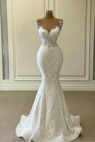 Vestido de novia largo de sirena con escote en forma de corazón, apliques de encaje y cola desmontable