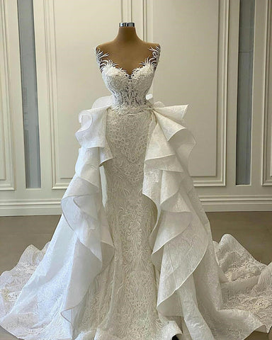 Vestido de novia largo de sirena con escote en forma de corazón, apliques de encaje y cola desmontable