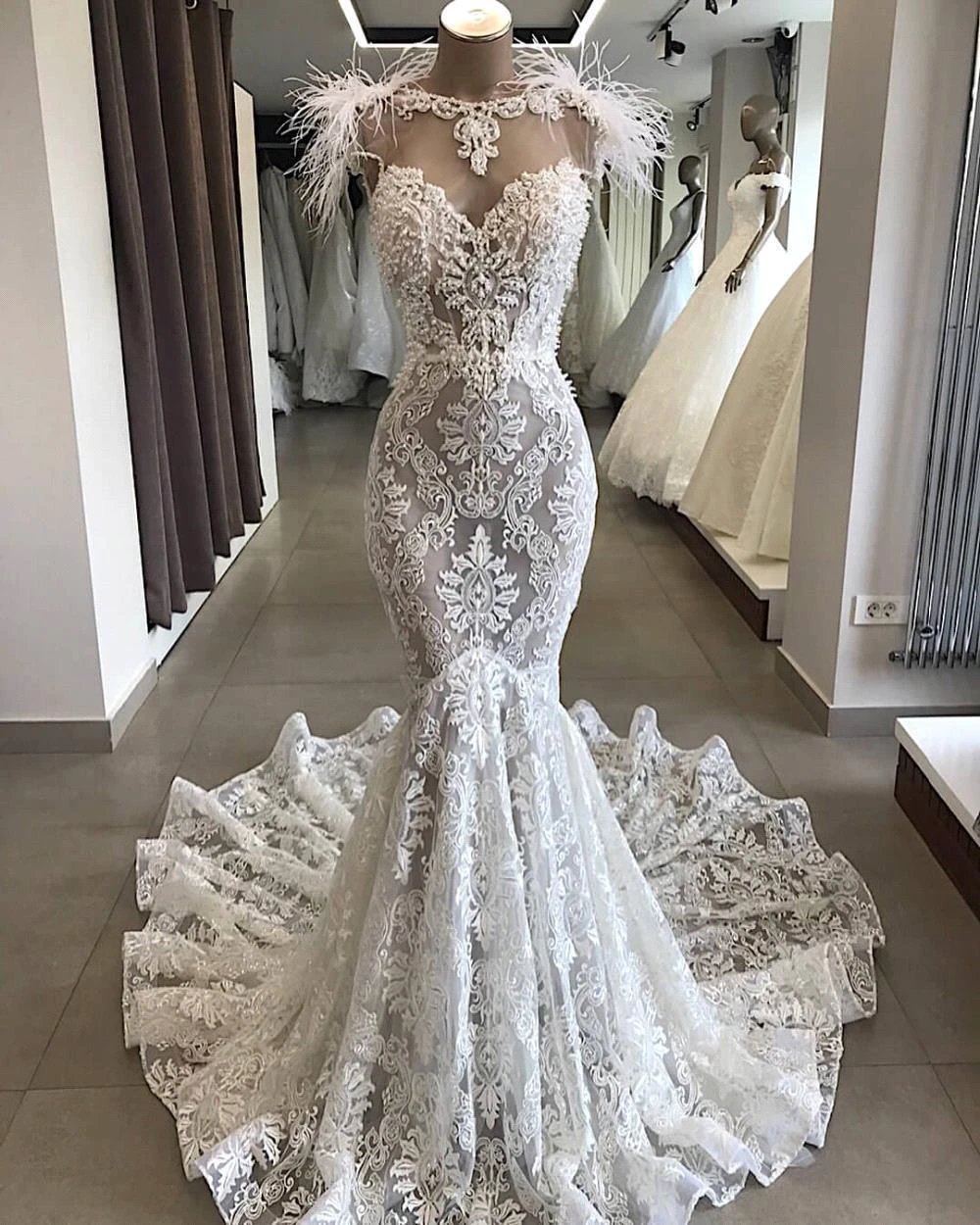 Long Mermaid Sweetheart Beading Appliques Lace Wedding Dress by BIZTUNNEL