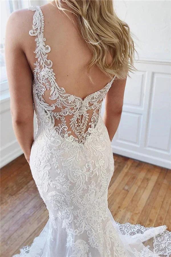 Long Mermaid Sweetheart Lace Appliques Backless Wedding Dresses by BIZTUNNEL