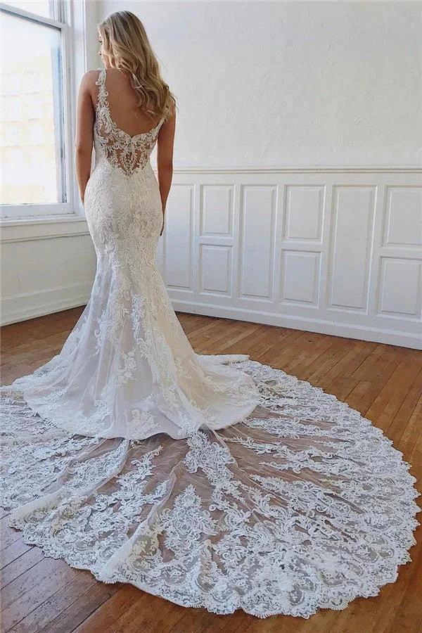 Long Mermaid Sweetheart Lace Appliques Backless Wedding Dresses by BIZTUNNEL