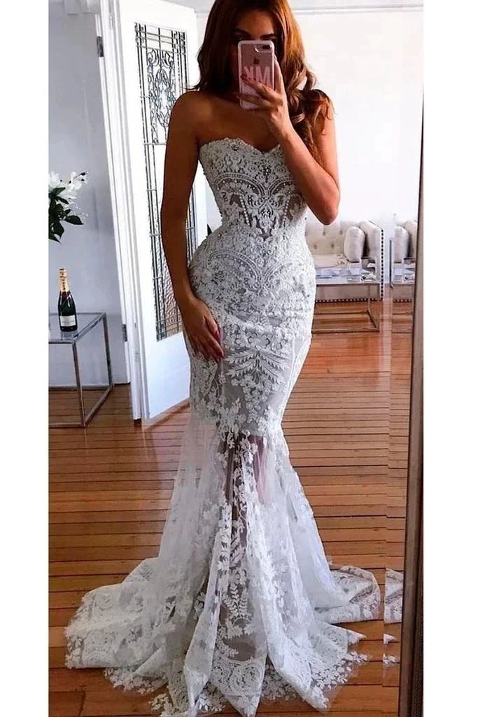 Long Mermaid Sweetheart Lace Appliques See through Wedding Dress by BIZTUNNEL