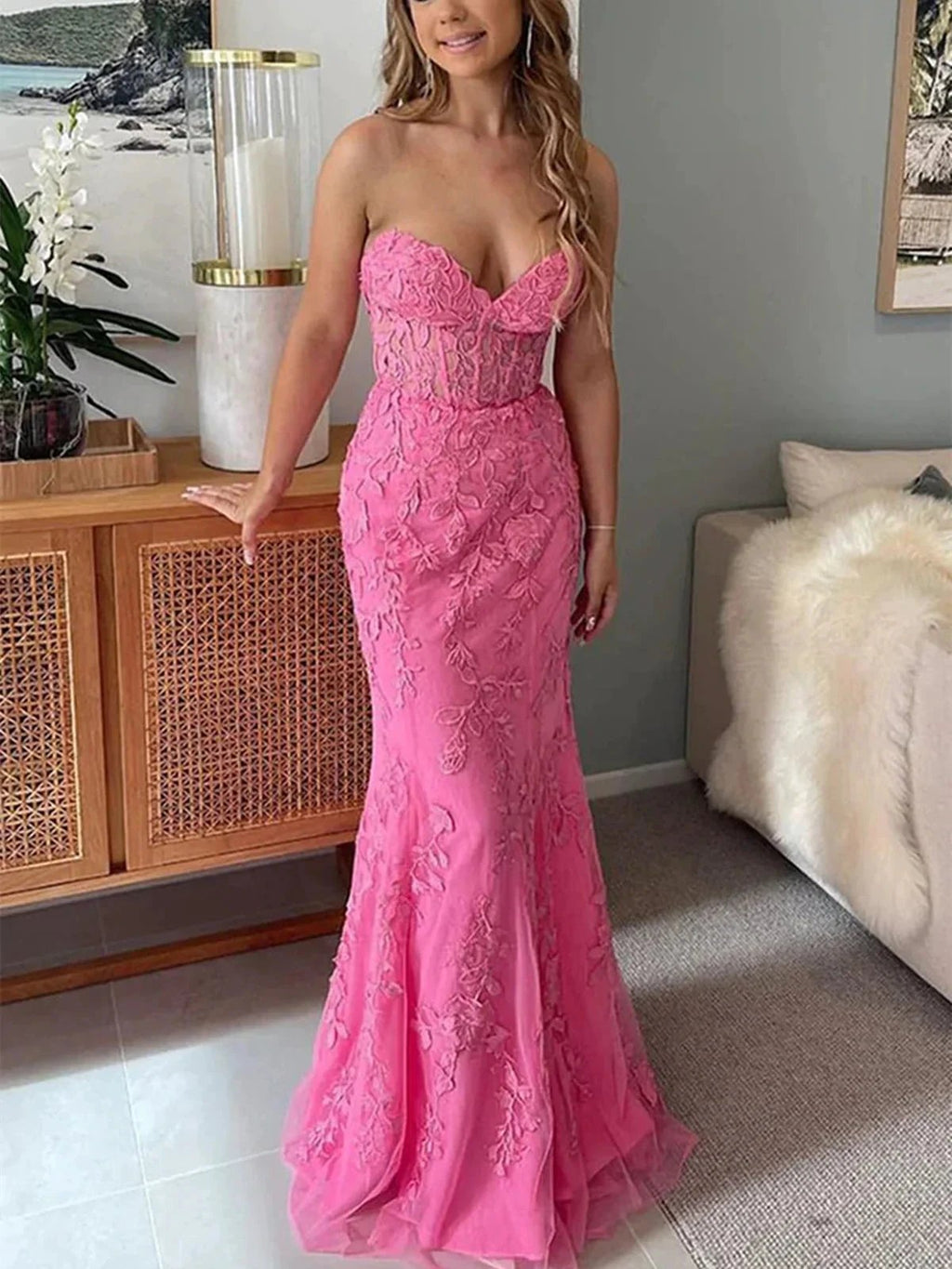 Long Mermaid Sweetheart Lace Prom Dress Fuchsia Formal Evening Gowns by BIZTUNNEL