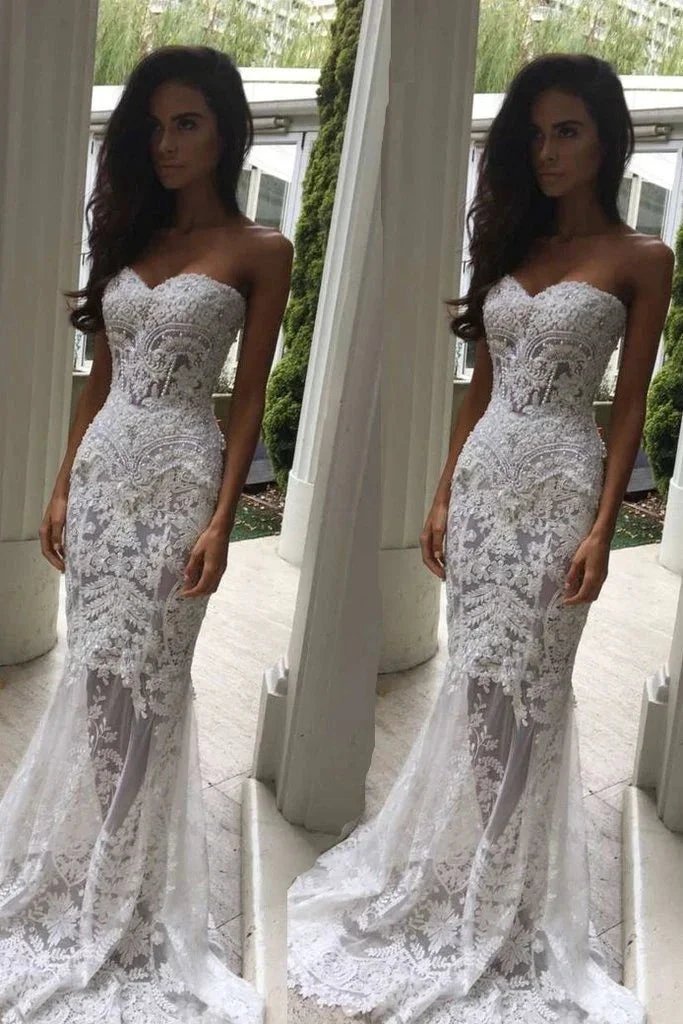 Long Mermaid Sweetheart Lace Wedding Dress by BIZTUNNEL