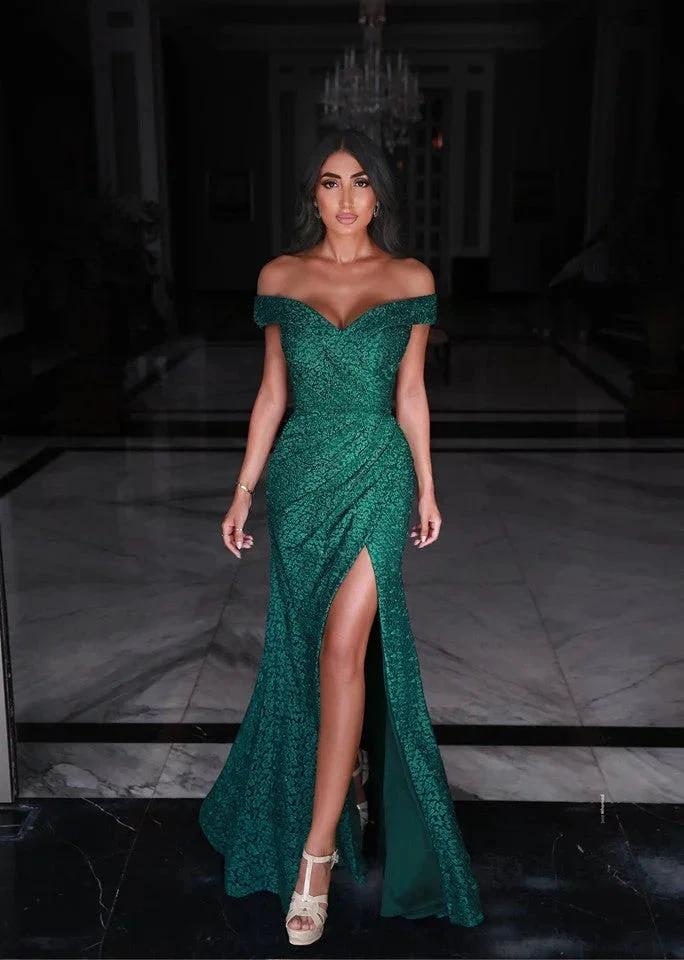 Long Mermaid Sweetheart Off-the-shoulder Green Prom Dresses with Slit by BIZTUNNEL
