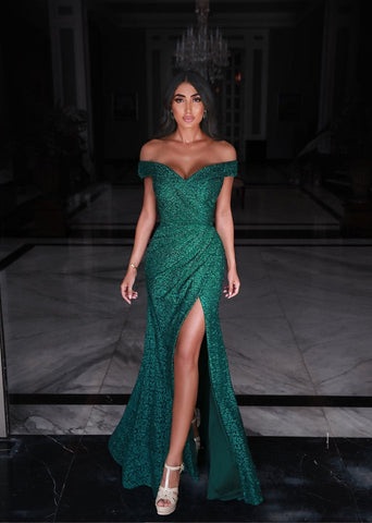 Vestidos de fiesta verdes largos de sirena con escote corazón y hombros descubiertos con abertura
