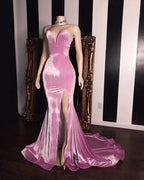 Long Mermaid Sweetheart Pink Velvet Prom Dresses with Slit by BIZTUNNEL