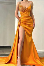Long Mermaid Sweetheart Ruched Satin Front Slit Prom Dress with Side Sweep Train by BIZTUNNEL