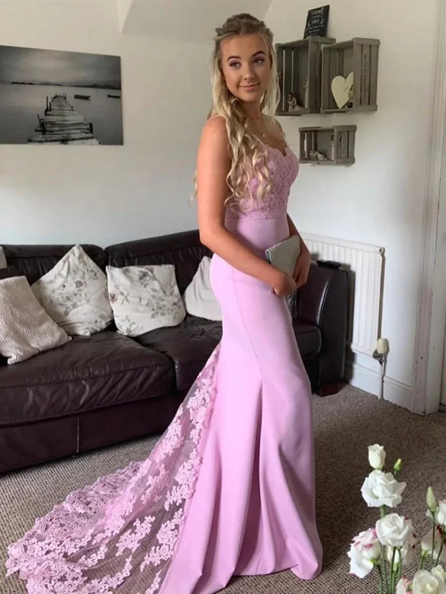 Long Mermaid Sweetheart Satin Lace Graduation Formal Prom Dresses by BIZTUNNEL