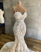 Long Mermaid Sweetheart Spaghetti Straps Appliques Lace Wedding Dress by BIZTUNNEL