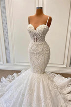 Long Mermaid Sweetheart Spaghetti Straps Tulle Beading Wedding Dress with Ruffles by BIZTUNNEL