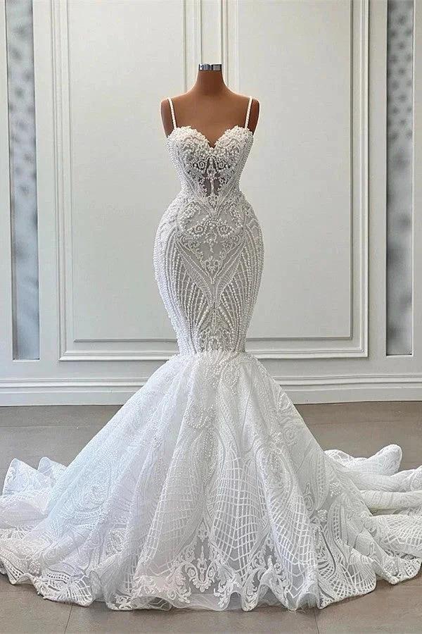 Long Mermaid Sweetheart Spaghetti Straps Tulle Beading Wedding Dress with Ruffles by BIZTUNNEL