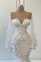 Long Mermaid Sweetheart Strapless Pearls Beadings Lace Wedding Dress with Sleeves by BIZTUNNEL