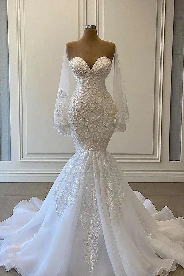 Long Mermaid Sweetheart Strapless Pearls Beadings Lace Wedding Dress with Sleeves by BIZTUNNEL
