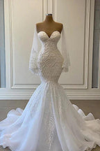 Long Mermaid Sweetheart Strapless Pearls Beadings Lace Wedding Dress with Sleeves by BIZTUNNEL
