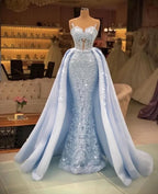 Long Mermaid Sweetheart Tulle Glitter Prom Dress with Detachable Sweep Train by BIZTUNNEL
