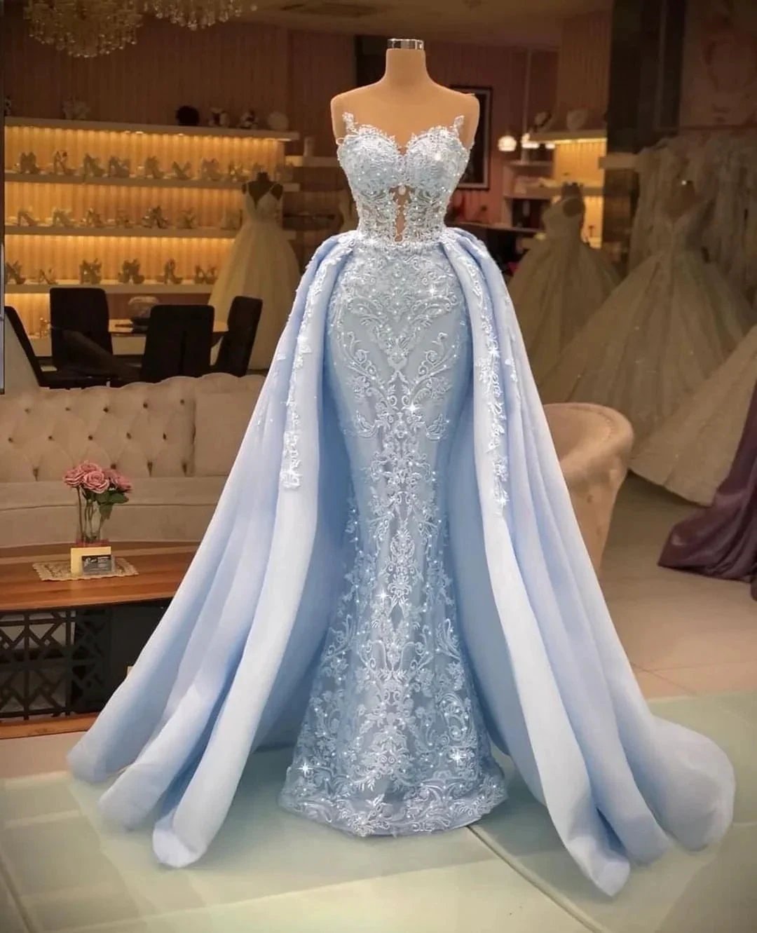 Long Mermaid Sweetheart Tulle Glitter Prom Dress with Detachable Sweep Train by BIZTUNNEL