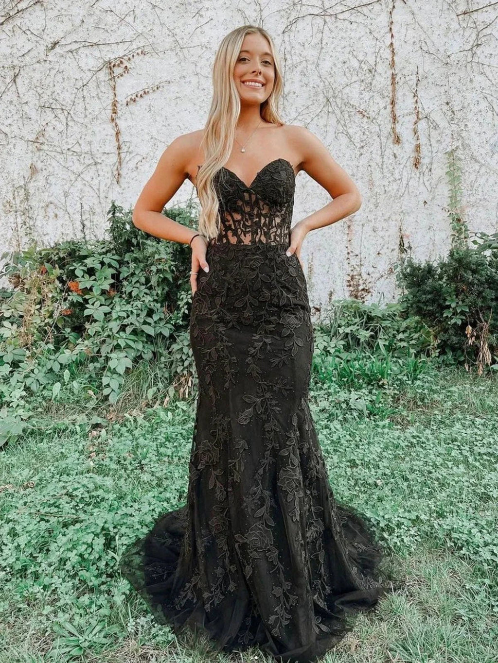 Long Mermaid Sweetheart Tulle Lace Prom Dress Black Formal Evening Gowns by BIZTUNNEL