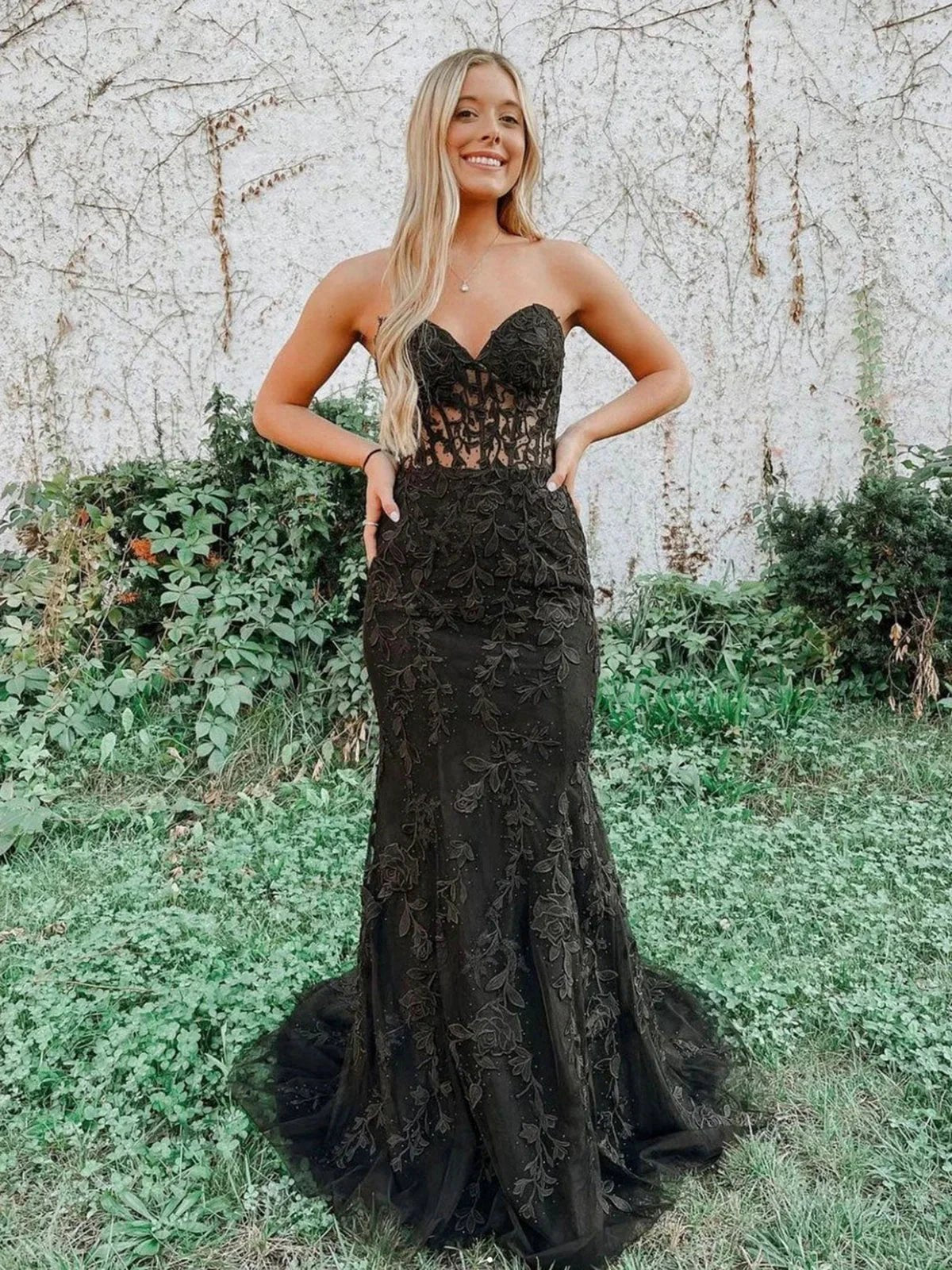 Long Mermaid Sweetheart Tulle Lace Prom Dress Black Formal Evening Gowns by BIZTUNNEL