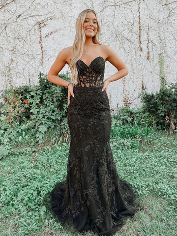 Long Mermaid Sweetheart Tulle Lace Prom Dress Black Formal Evening Gowns