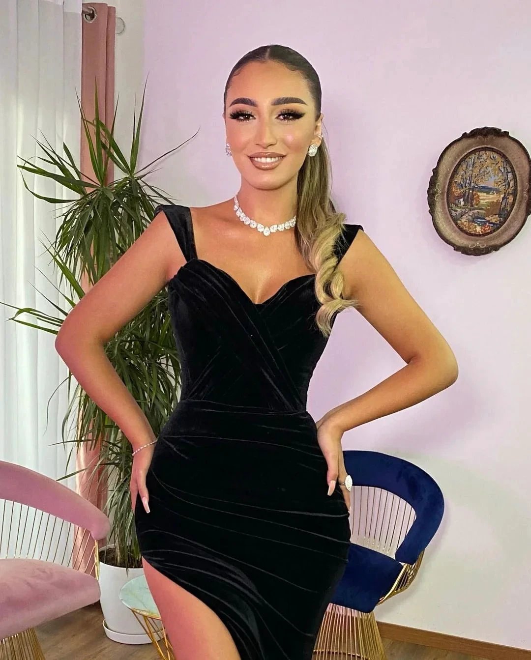 Long Mermaid Sweetheart Velvet Black Formal Prom Dresses with Slit by BIZTUNNEL