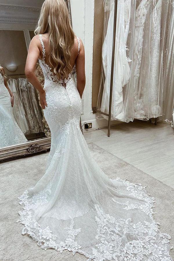 Long Mermaid Tulle Sleeveless Backless Wedding Dresses with Appliques Lace by BIZTUNNEL
