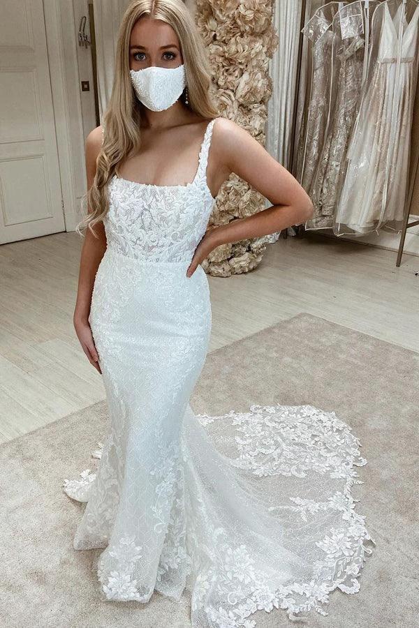 Long Mermaid Tulle Sleeveless Backless Wedding Dresses with Appliques Lace by BIZTUNNEL