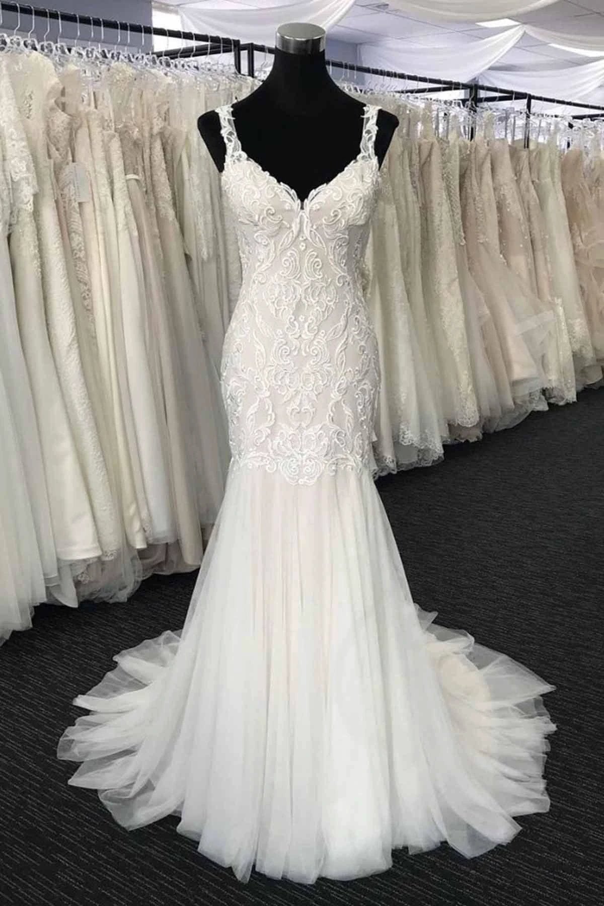Long Mermaid Tulle V Neck Lace Wedding Dress by BIZTUNNEL