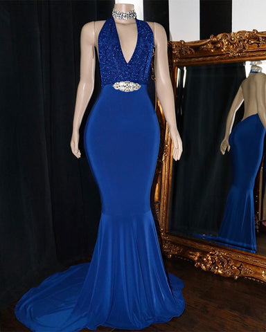 Vestido de fiesta largo de sirena con escote en V y apliques en la espalda