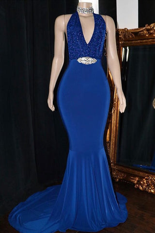 Vestido de fiesta largo de sirena con escote en V y apliques en la espalda