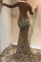 Long Mermaid V-neck Appliques Lace Front Slit Prom Dress with Sleeves by BIZTUNNEL
