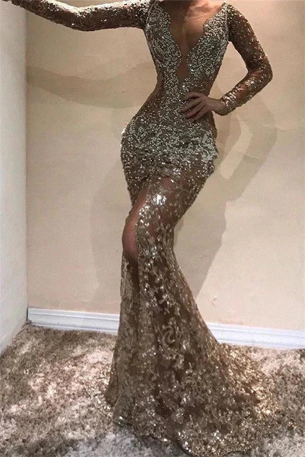 Long Mermaid V-neck Appliques Lace Front Slit Prom Dress with Sleeves by BIZTUNNEL
