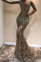 Long Mermaid V-neck Appliques Lace Front Slit Prom Dress with Sleeves by BIZTUNNEL