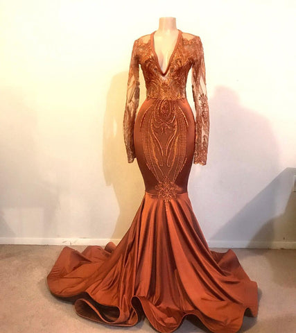 Vestido de fiesta largo de sirena con escote en V, apliques de encaje y satén con mangas