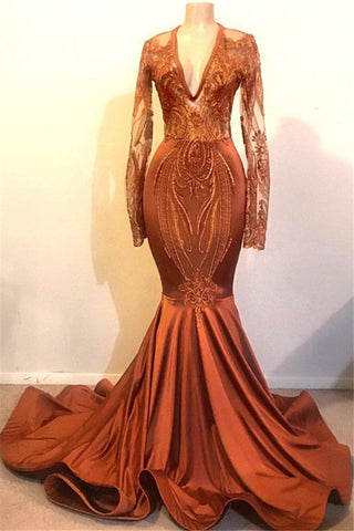 Vestido de fiesta largo de sirena con escote en V, apliques de encaje y satén con mangas