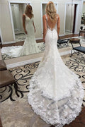 Long Mermaid V Neck Backless Applique Lace Charpel Train Wedding Dresses by BIZTUNNEL