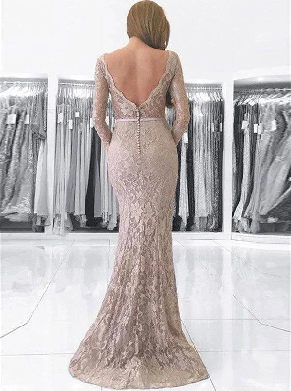 Long Mermaid V-neck Backless Lace Prom Dress with Sleeves by BIZTUNNEL