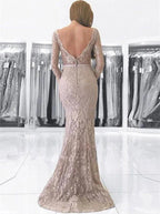 Long Mermaid V-neck Backless Lace Prom Dress with Sleeves by BIZTUNNEL