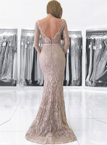 Vestido de fiesta largo de sirena con escote en V, espalda descubierta y encaje con mangas